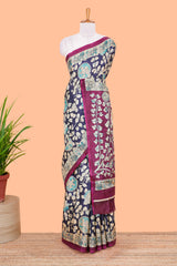 Blue floral vine kalamkari style south cotton saree with contrast border and blouse