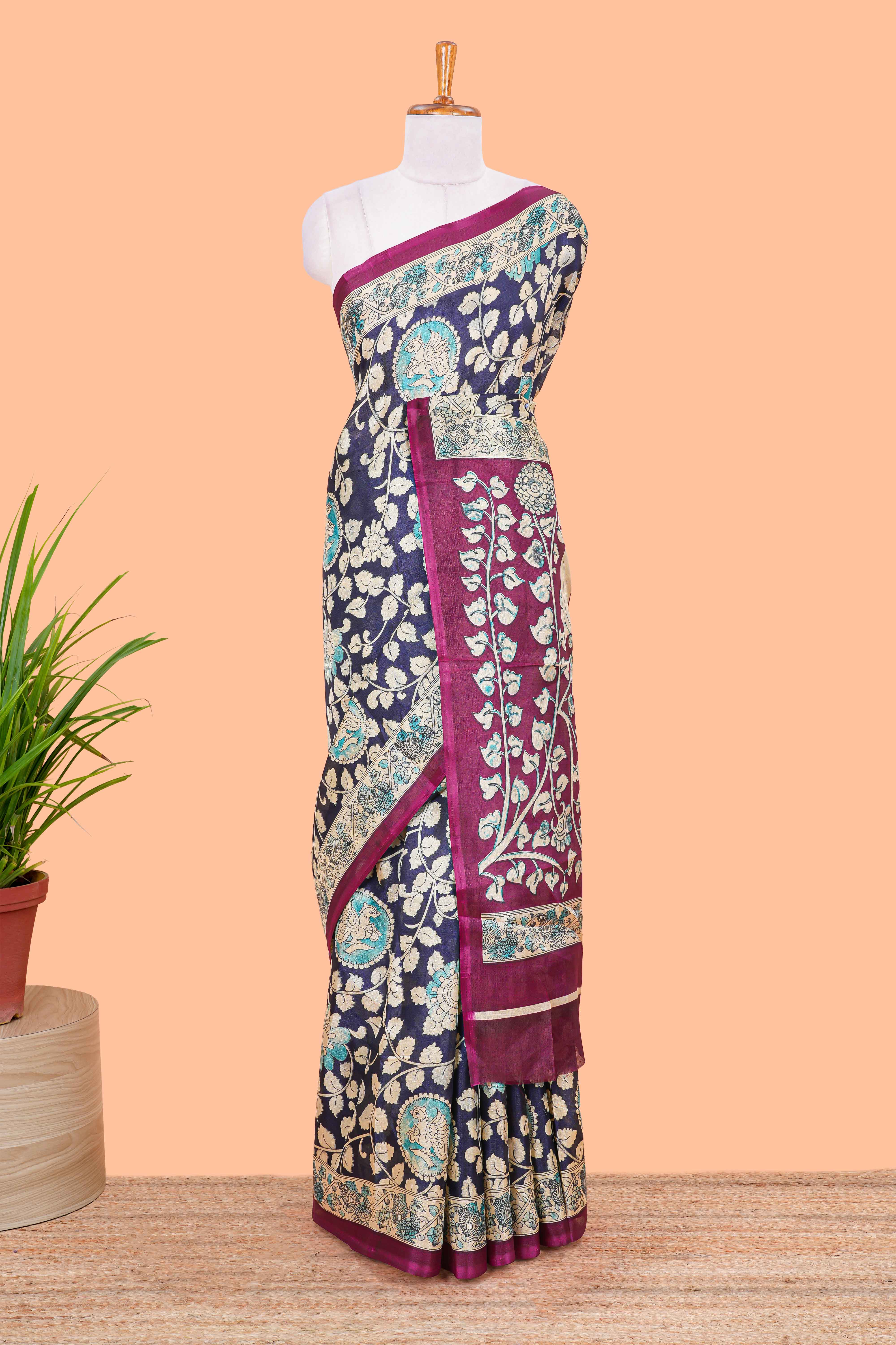 Blue floral vine kalamkari style south cotton saree with contrast border and blouse