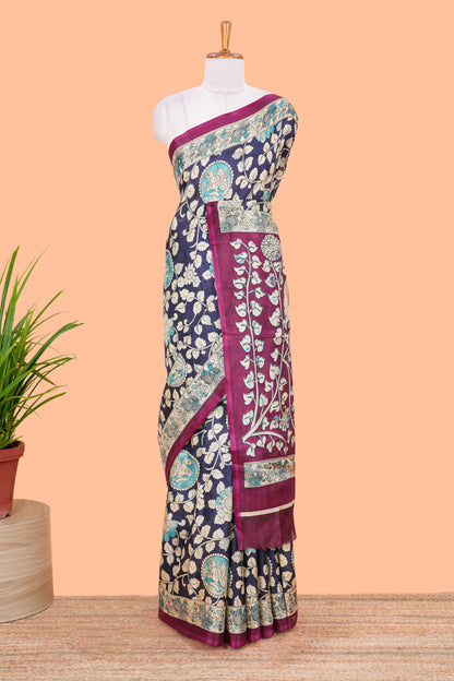 Blue floral vine kalamkari style south cotton saree with contrast border and blouse