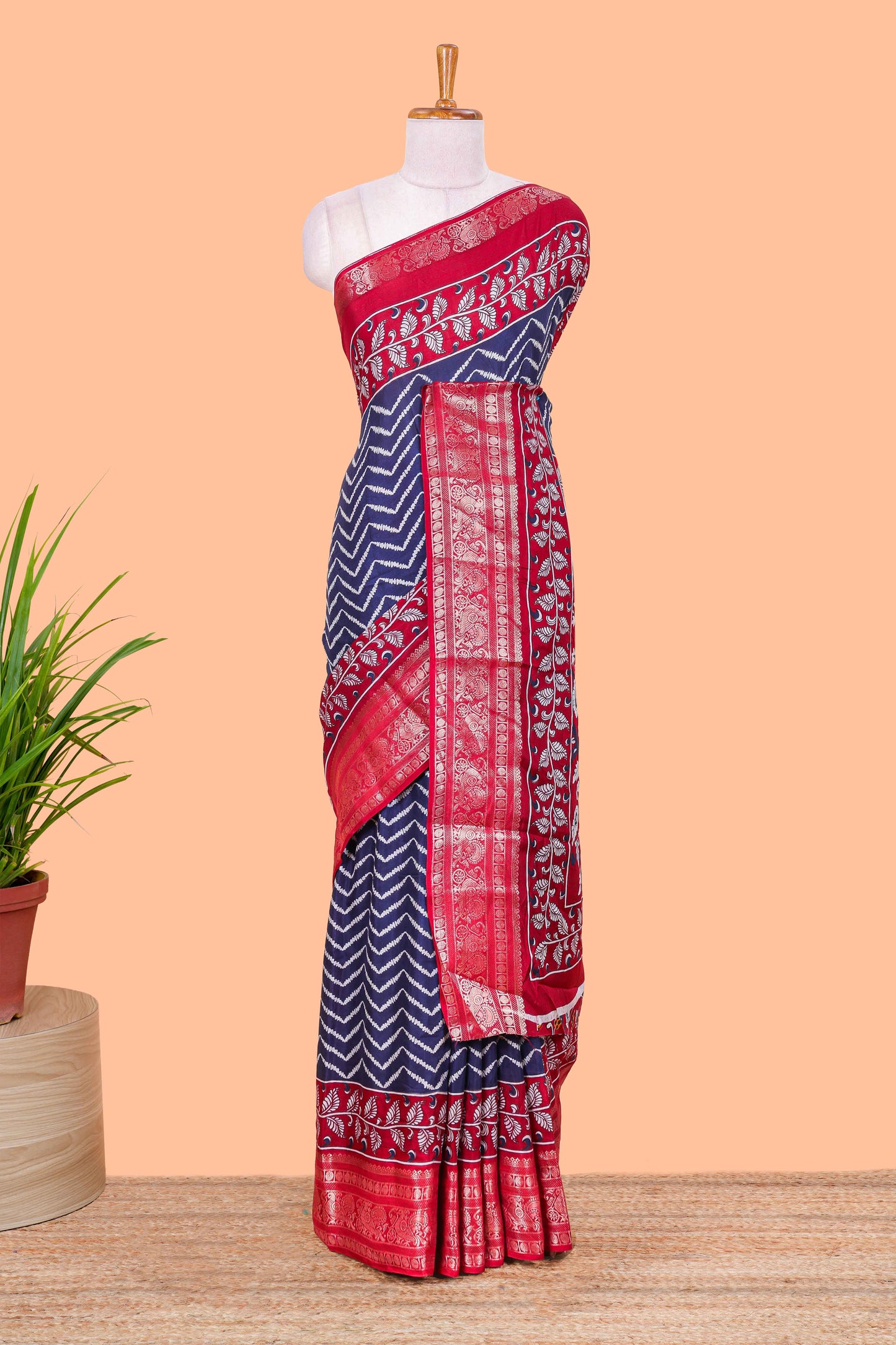 Navy Blue Tusser Silk Geometrical Design With Jacquard Border