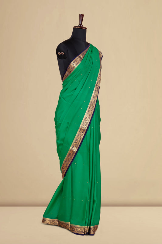 Emerald Green Pure Mysore Silk Saree with Antique Zari Border, Subtle Body Butta & Rich Contrast Zari Pallu