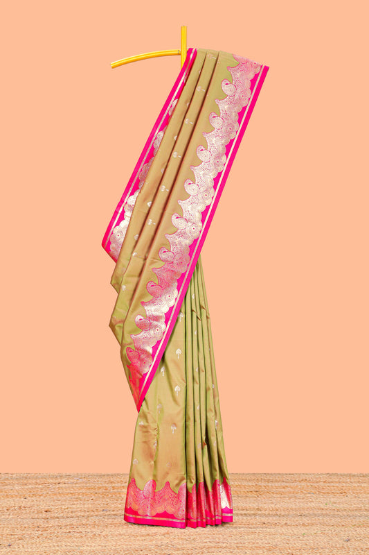 Semi Soft Silk Saree Body All over Golden Zari Butta And Mango Motifs Zari Border With Rich Pallu