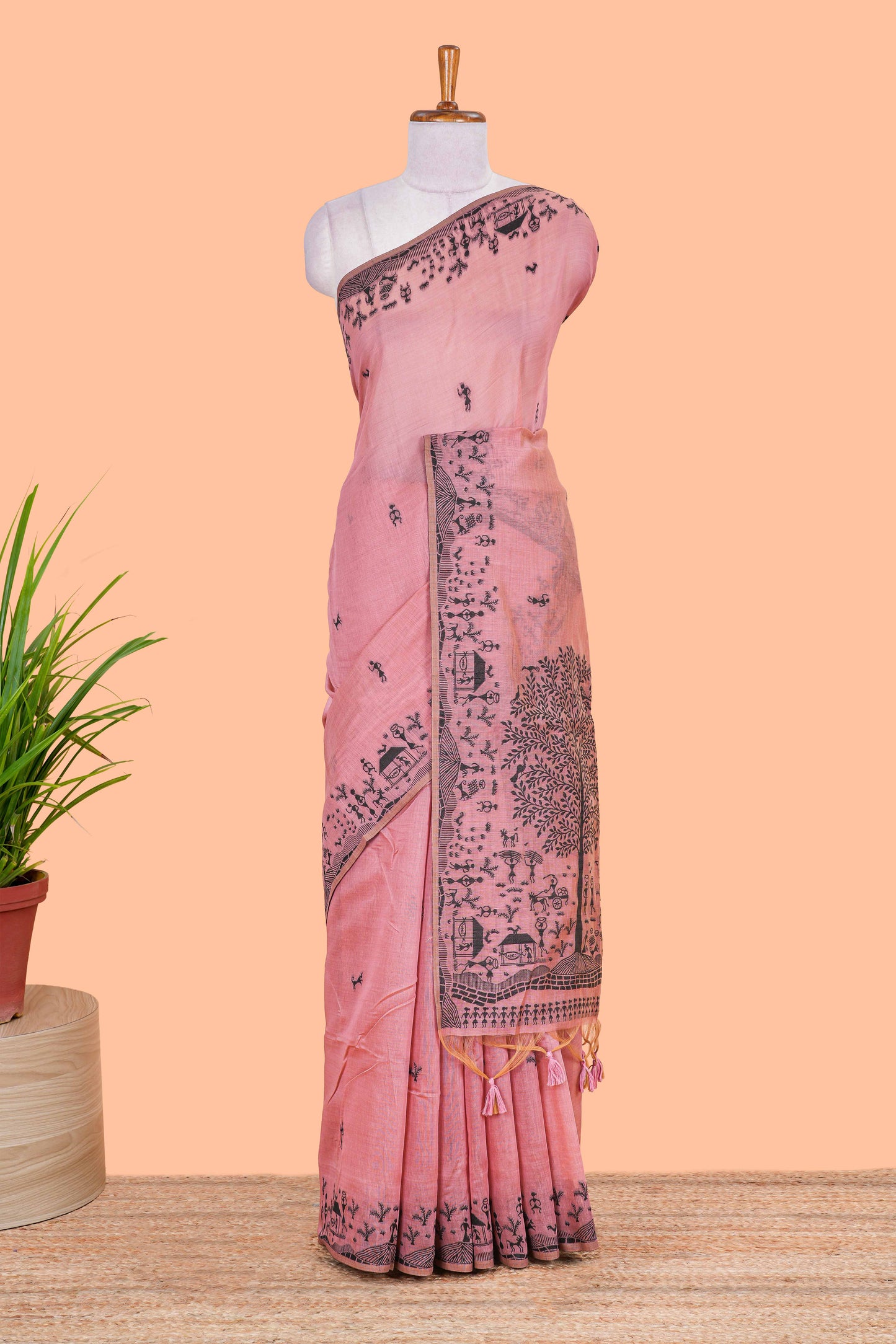 Pink thread woven warli design munga cotton saree with self border and matching blouse
