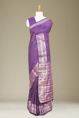 Violet Georgette Saree Golden Zari Check Pattern And Small Butta Across The Body With Zari Weaving Stripes Pallu