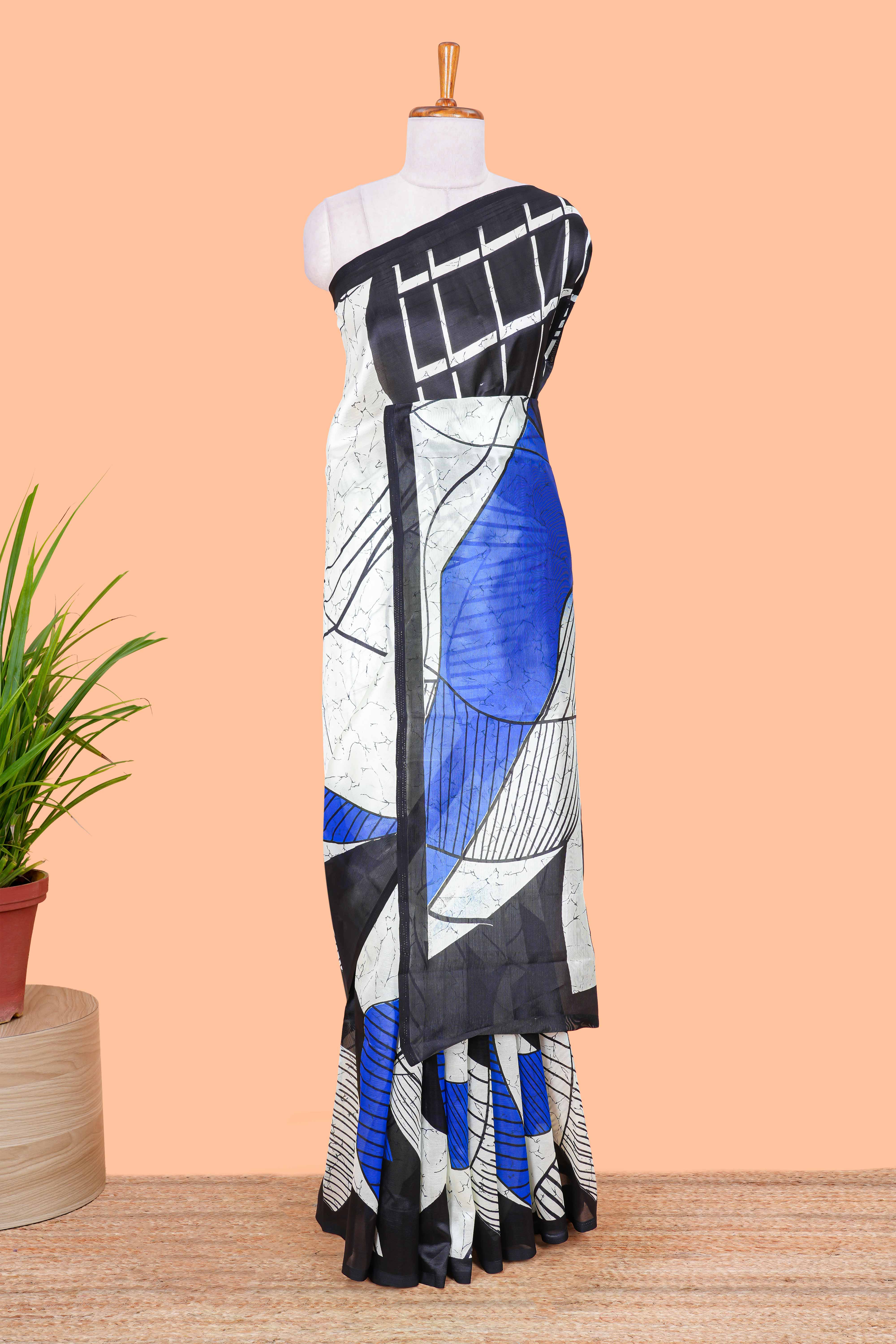 White geometric art lichi silk saree, contrast border and blouse and printed pallu