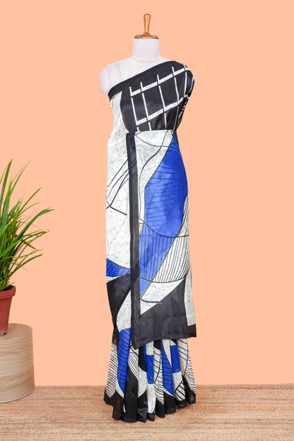 Powder Green With Royal Blue Lichi Cotton Saree Borderless Body And Pallu Apstract Print Design