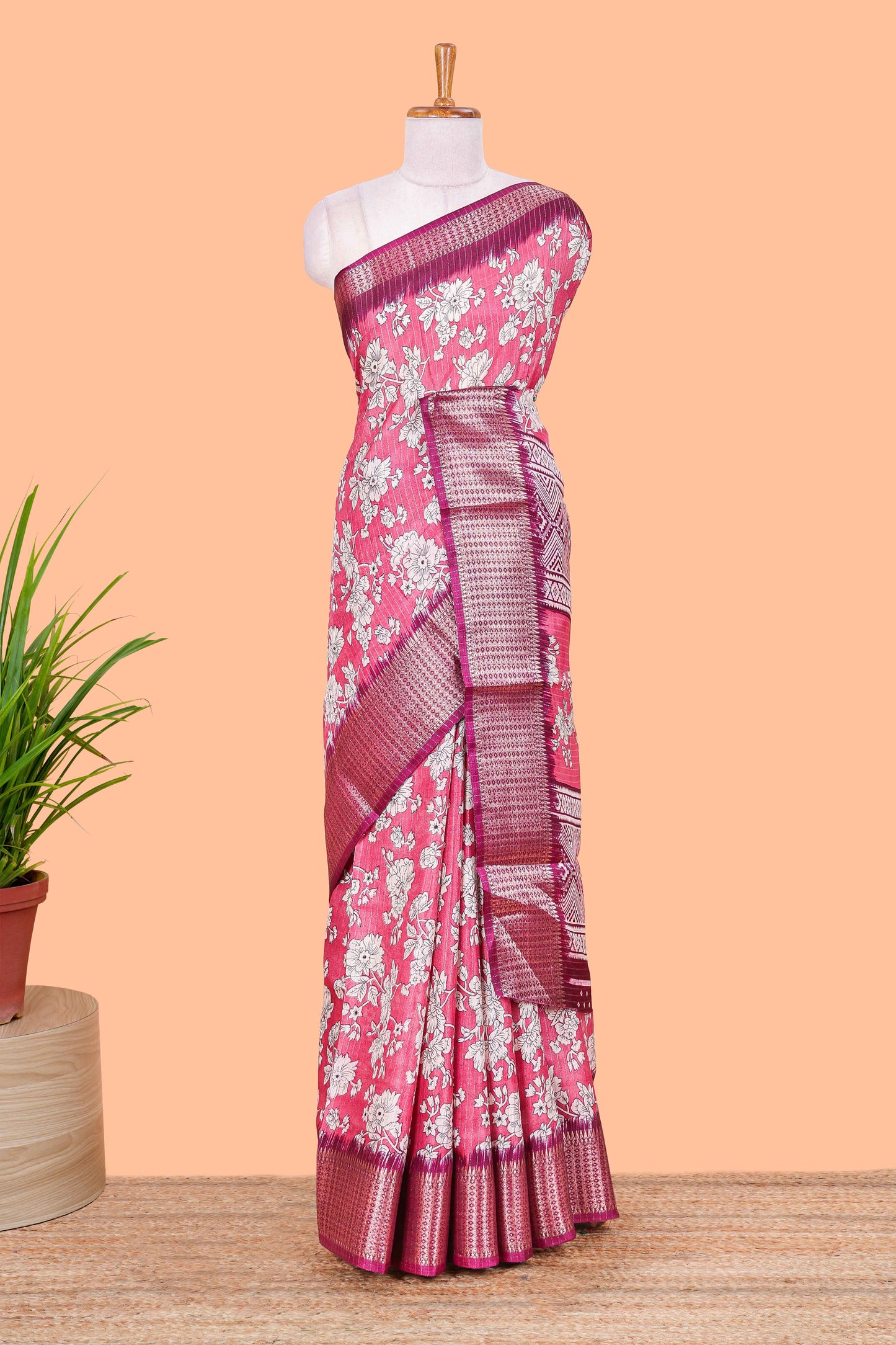 Pink Dola Silk Saree  Floral Printed With Jacquard Border