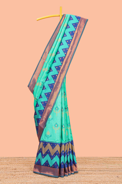 Rama Green Semi Soft Silk Saree Body All Over Ikkat Pochampally Thread Weaving and Chevron Pattern Border With Ikkat Rich Pallu