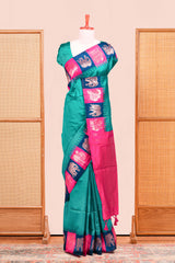Peacock Blue Semi Art Silk Saree All Over Zari Butta With Contrast Zari Pallu