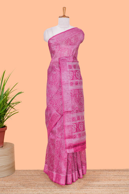 Pink south cotton saree with bandhini print body & pallu and silver bawanchi border