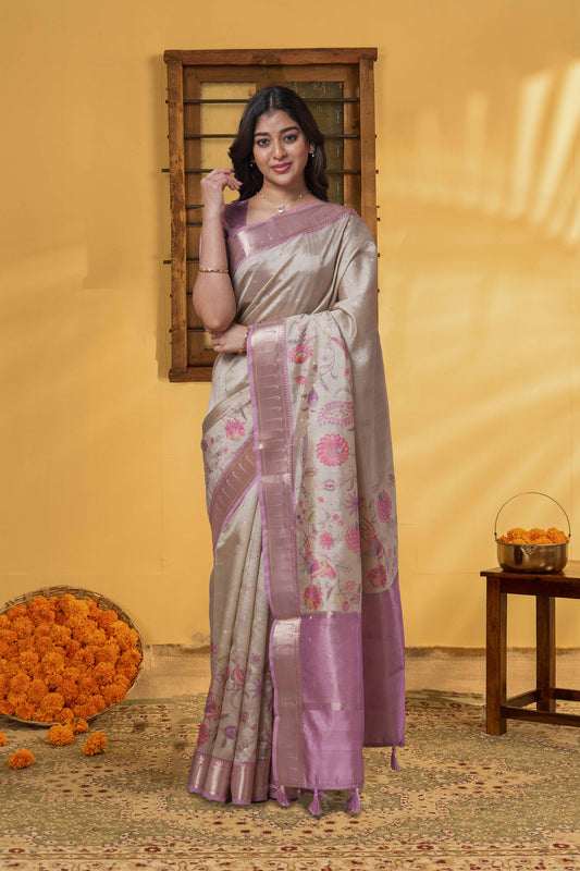 Sandal Art Tussar Saree Golden Zari Motifs, Floral Design Across The Body & Contrast Pallu