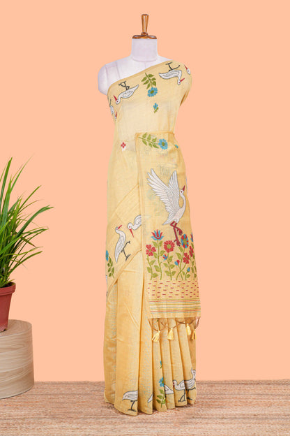 Borderless sandal floral and birds design munga cotton saree with floral and crane printed pallu and matching blouse