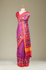 Art Silk Saree Plain Body With Patola Design Pallu Along With Contrast Blouse