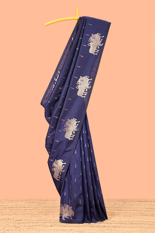 Navy Blue Semi Soft Silk Saree Body Rain Drop Butti and Border Nandhi Motifs and Grand Zari Rich Pallu