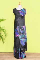 Black south cotton Saree With Multi Color Orchid Printed Across Body Along With White Dotted Blouse