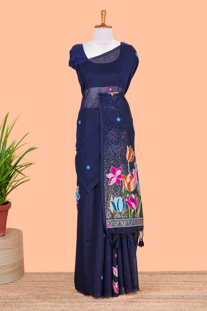 Borderless blue floral motif munga cotton saree with floral printed pallu and matching blouse