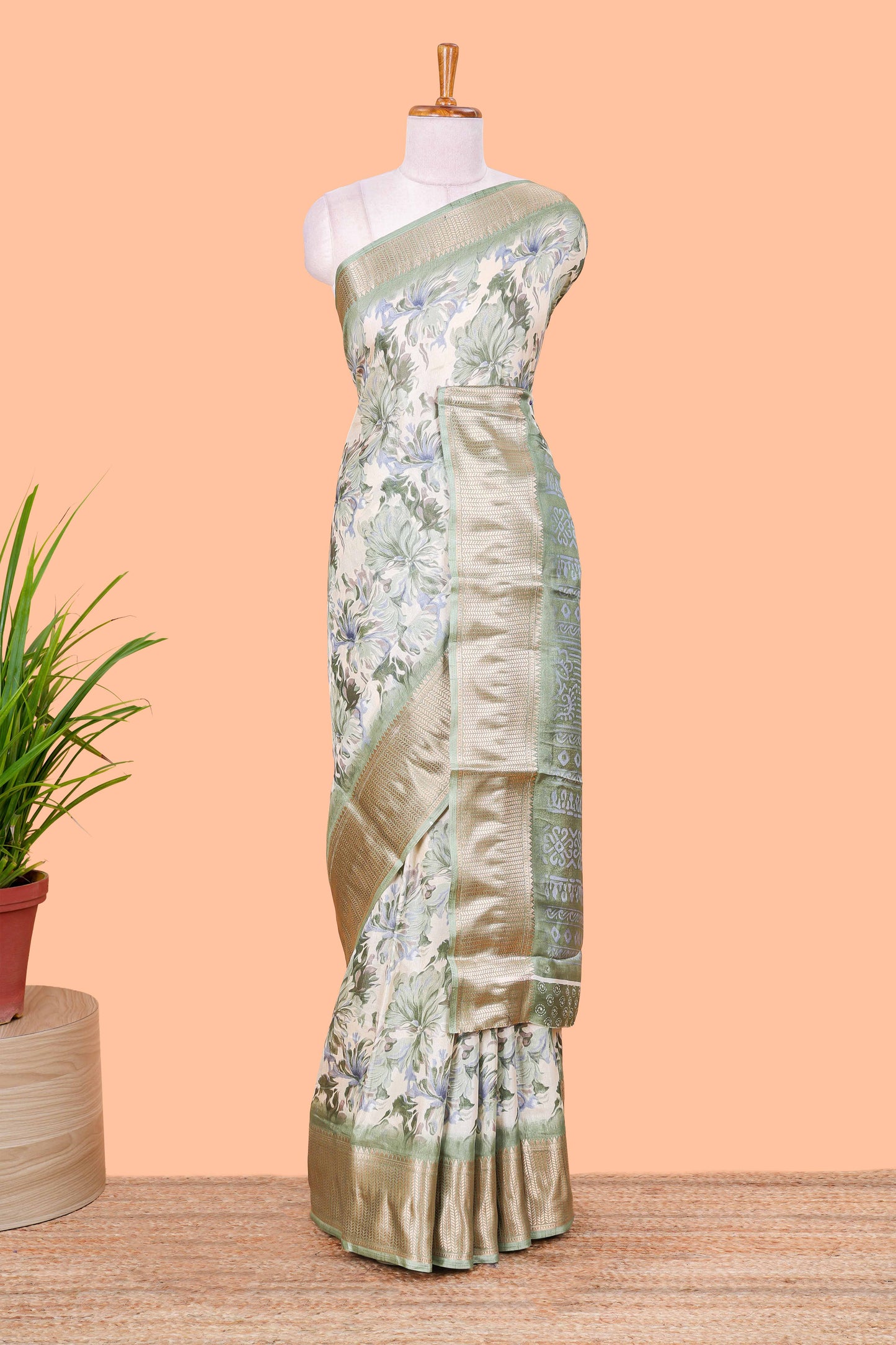 Powder Green  Semi Banaras Dola Silk Floral Printed With Jacquard Border