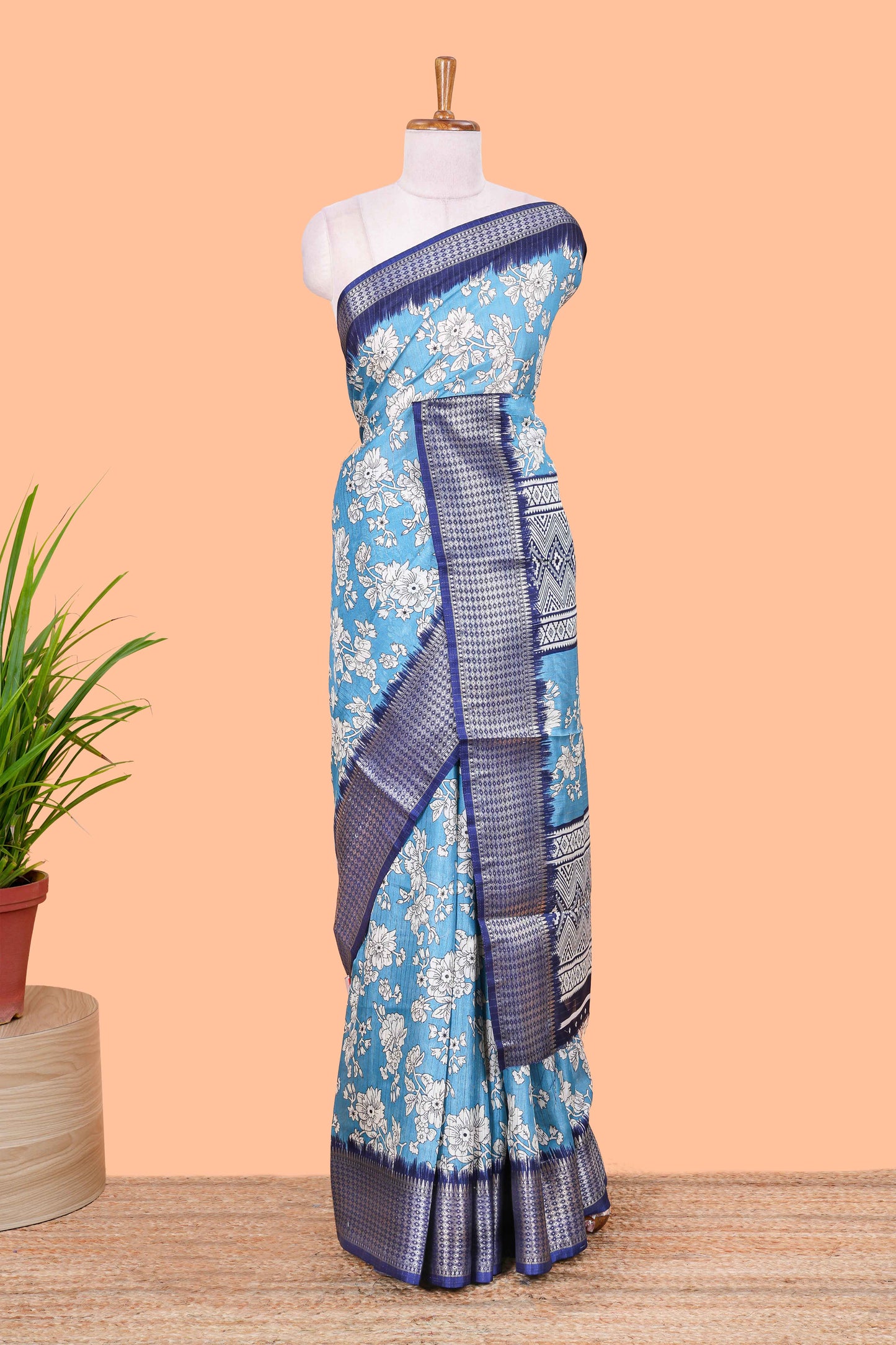 Blue dola silk saree with rico zari work, floral print and elegant jacquard border