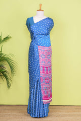 Blue Modal Silk Saree Bandhani Print Across The Body With Ajrakh Design Pallu Along With Contrast Blouse