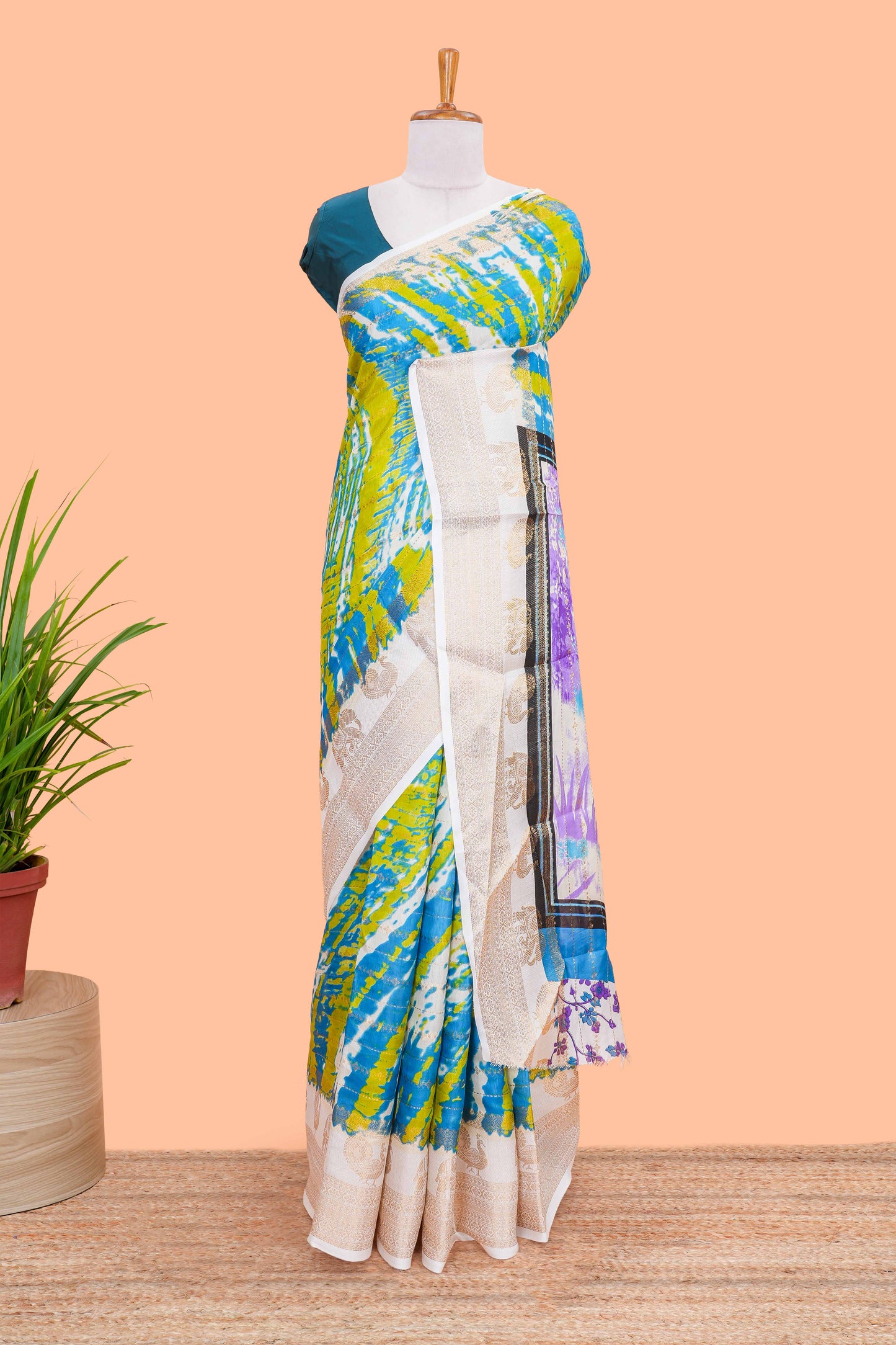 dolo silk saree with tie and dye abstract print all over body with kanchipuram border and rajastani village art pallu and floral print blouse