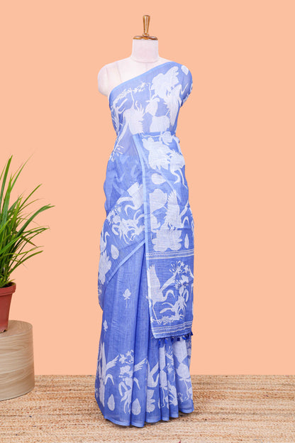 Blue Linen Cotton Body Lotus Flower With Border Crane And Lotus Print and Printed Blouse