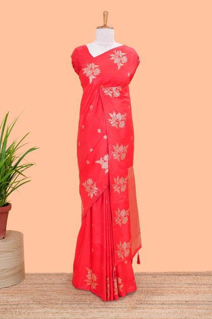 Red Art Silk Saree Flower Zari Motifs Across The Body &Jaal Design Pallu Along With Blouse