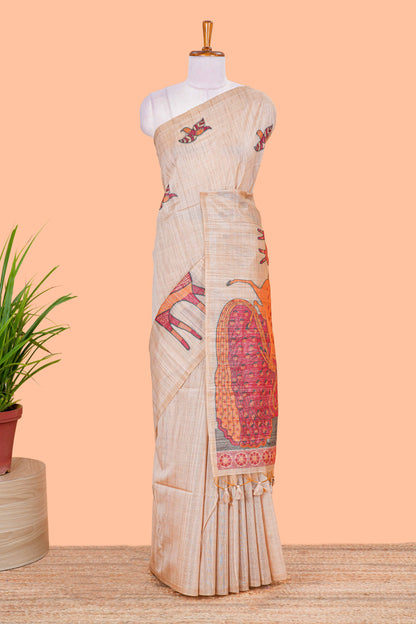 Borderless sandal animal themed woven munga cotton saree with printed pallu and blouse