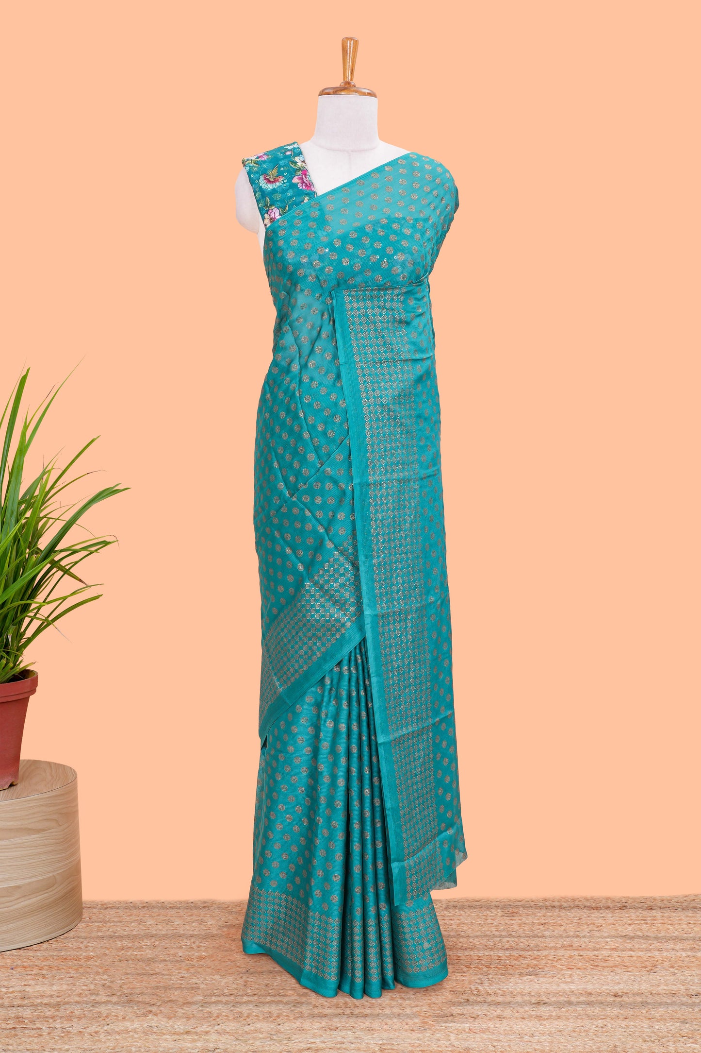 Green Moss Chiffon Saree All Over Foil Printed Along With Floral Design Blouse