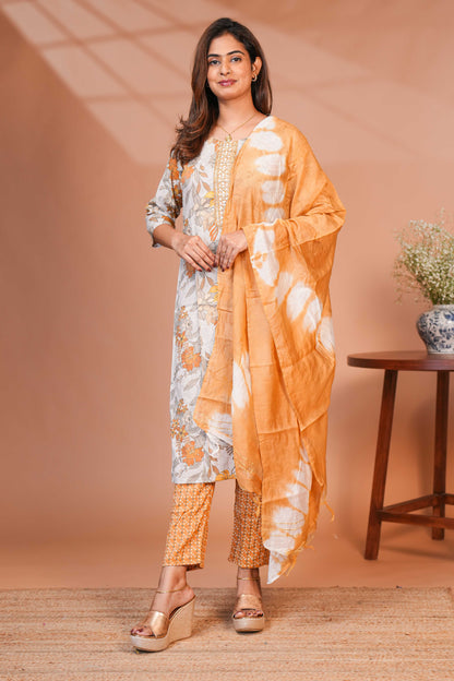 Orange floral design chamki work round neck salwar set with 3/4th sleeve, self bottom and matching dupatta