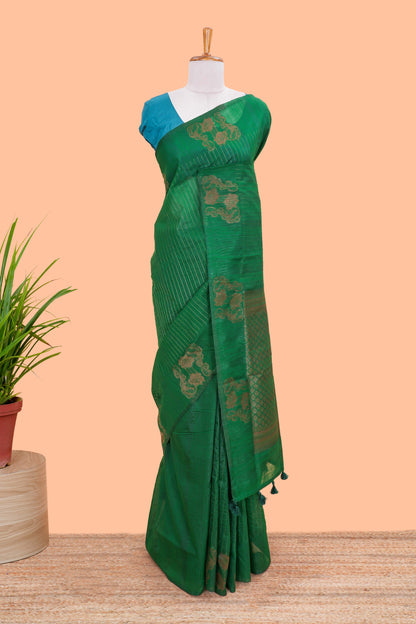 Green Raw Silk Saree Golden Zari Stripes Across The Body And Diamond Motifs Pallu