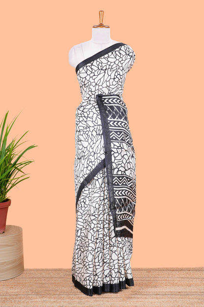White With Black Khadi Cotton Abstract Print Design In Body and Pallu