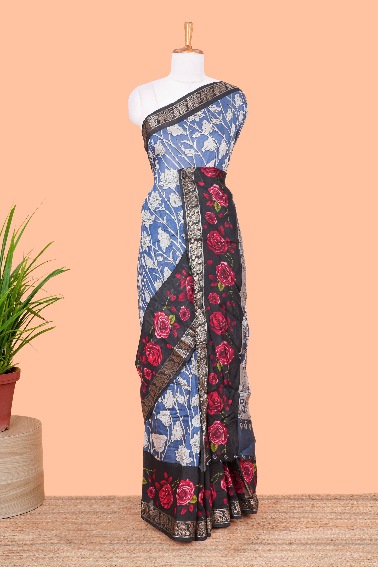 Royal Blue Chanderi Cotton Body and Pallu Kalamkari Print With Zari Border