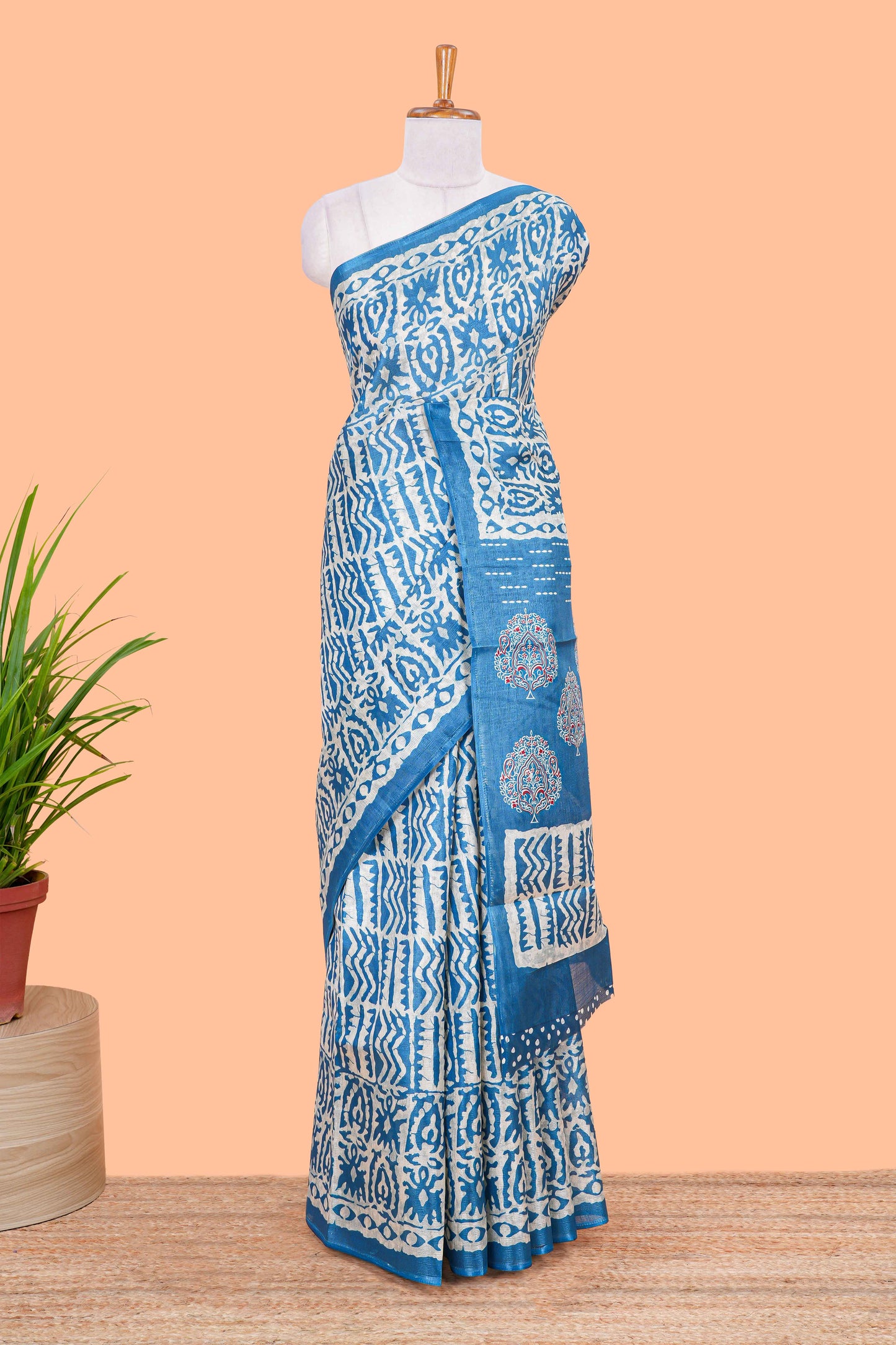 Blue Khadi Cotton Body And Pallu All Over Batick Print Design