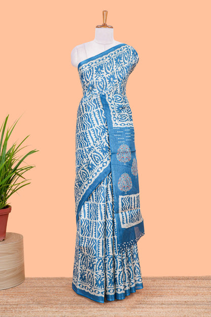 Blue Khadi Cotton Body And Pallu All Over Batick Print Design