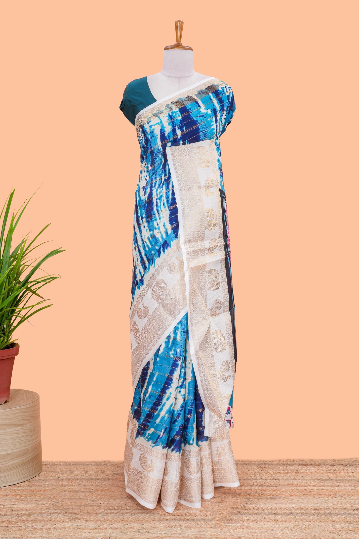 dolo silk saree with tie and dye abstract print all over body with kanchipuram border and rajastani village art pallu and floral print blouse