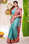 Peacock blue geometric design kota cotton saree with contrast border and printed pallu
