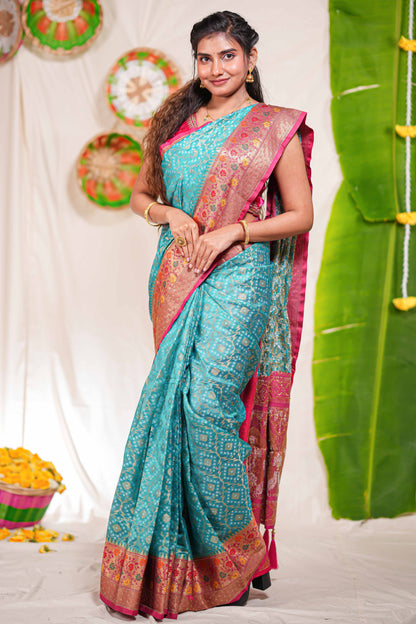 Peacock blue geometric design kota cotton saree with contrast border and printed pallu