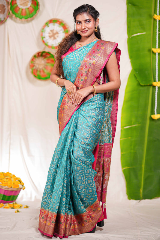 Peacock blue geometric design kota cotton saree with contrast border and printed pallu