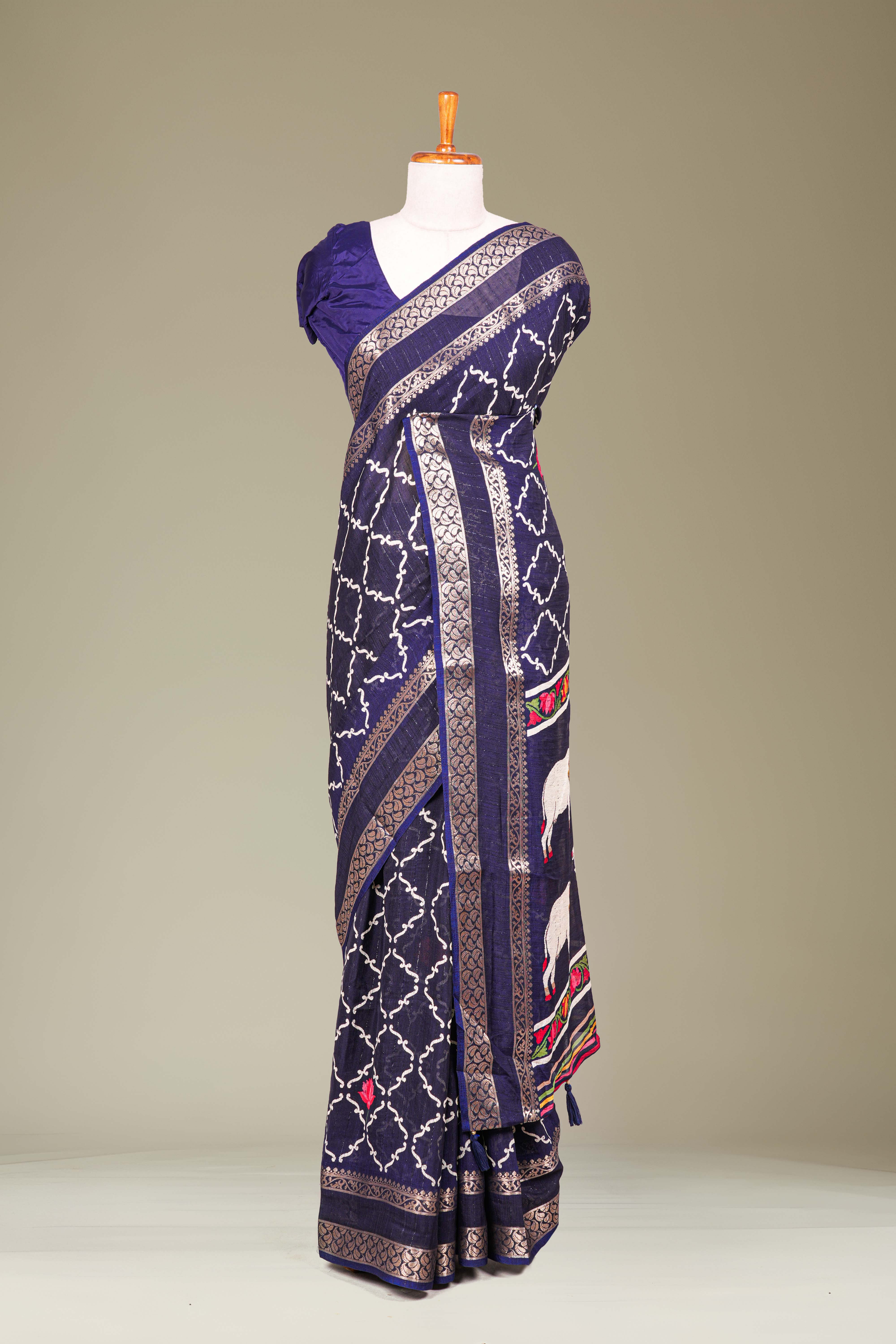 Navy Blue Dola Silk Saree Jaali Design ,Pink Lotus Motifs Across The Body With Gold Zari Bentex BorderPichwai Design Pallu Along With Blouse