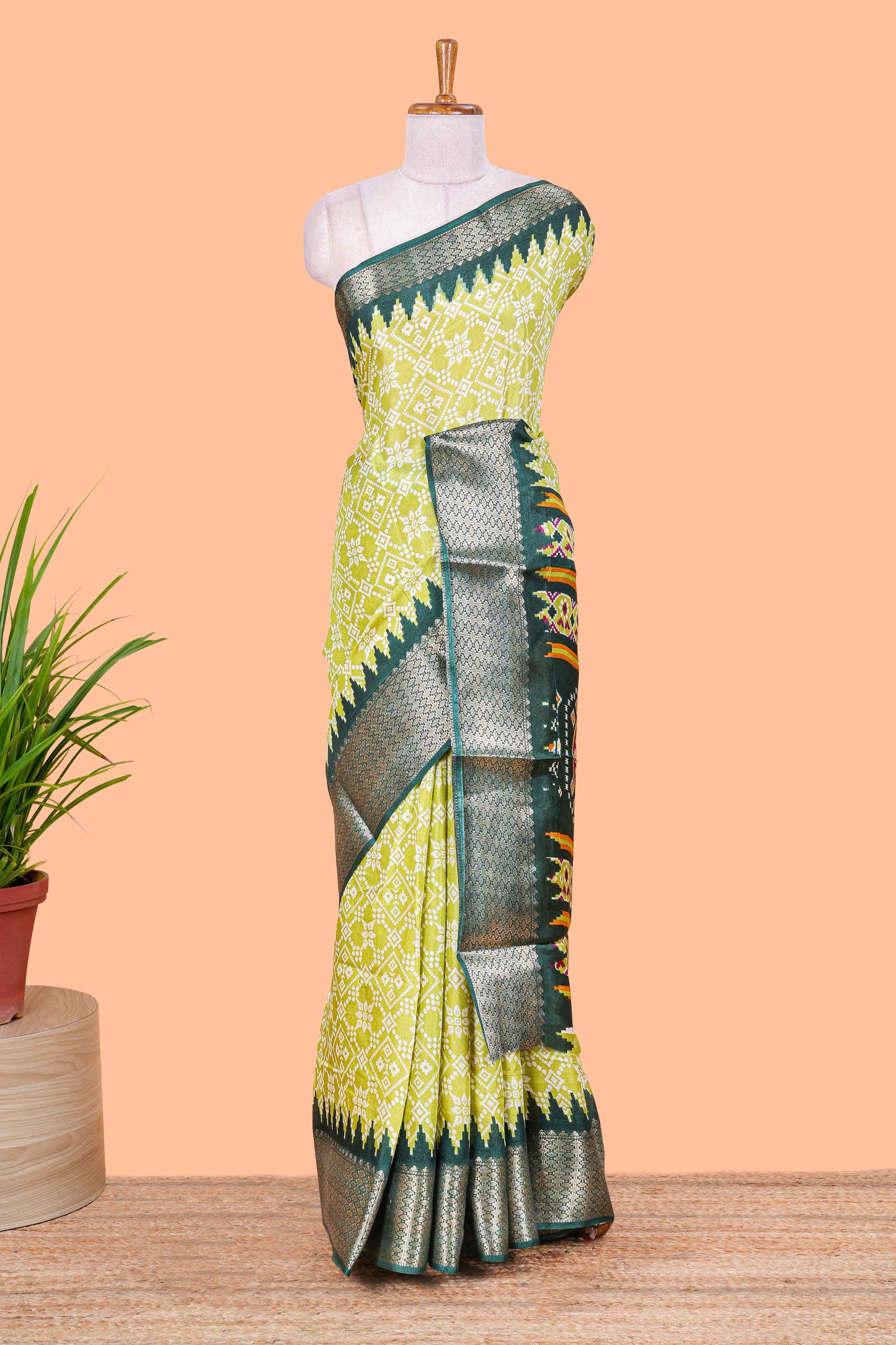 Parrot Green Semi Dola Silk Body Bandhini Style With Jacquard Border