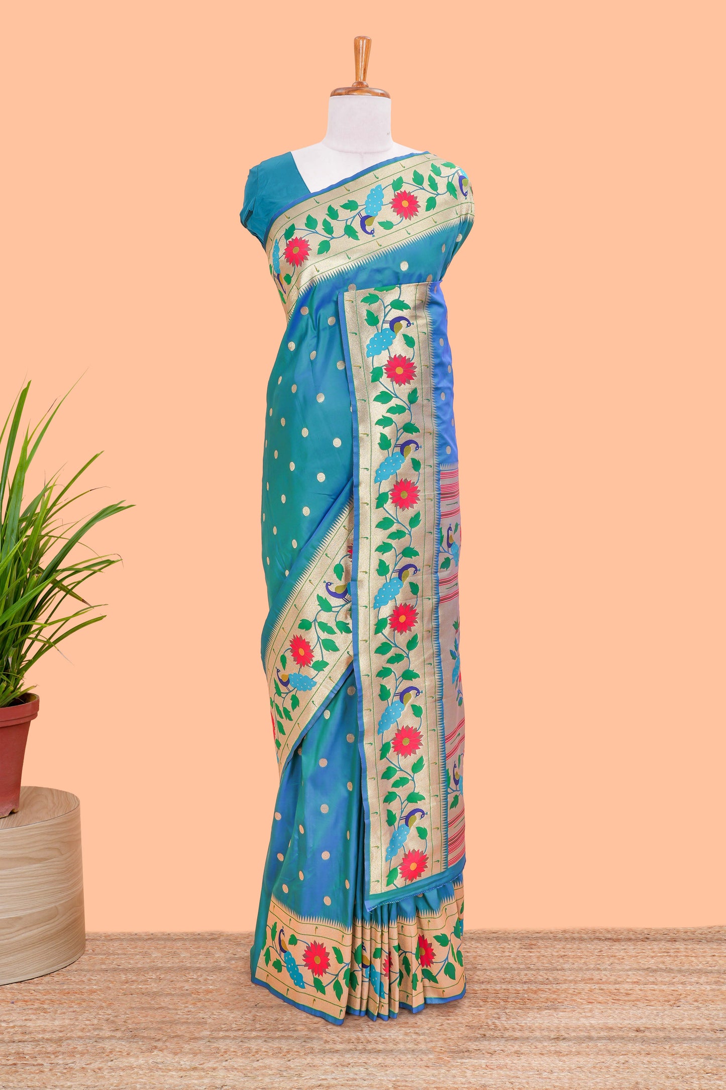 Peacock Blue Art Silk Saree Golden Zari Paisa Motifs Across The Body & Paithani Pallu Along With Blouse