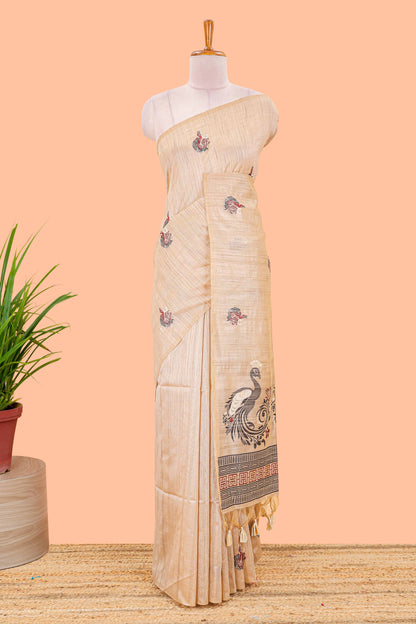 Cream munga cotton peacock butta saree with fine thread weaving, borderless style and matching blouse