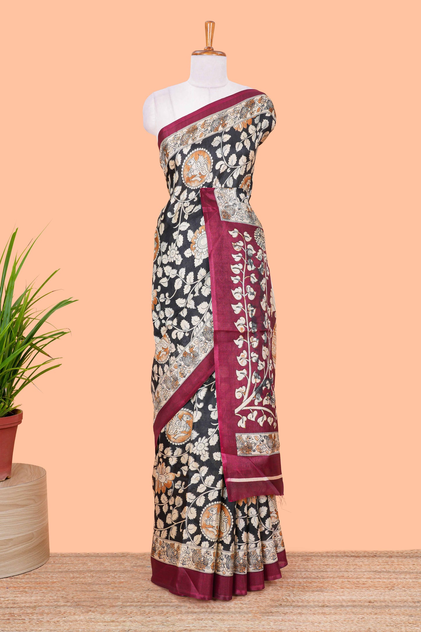 Black floral vine kalamkari style south cotton saree with contrast border and blouse
