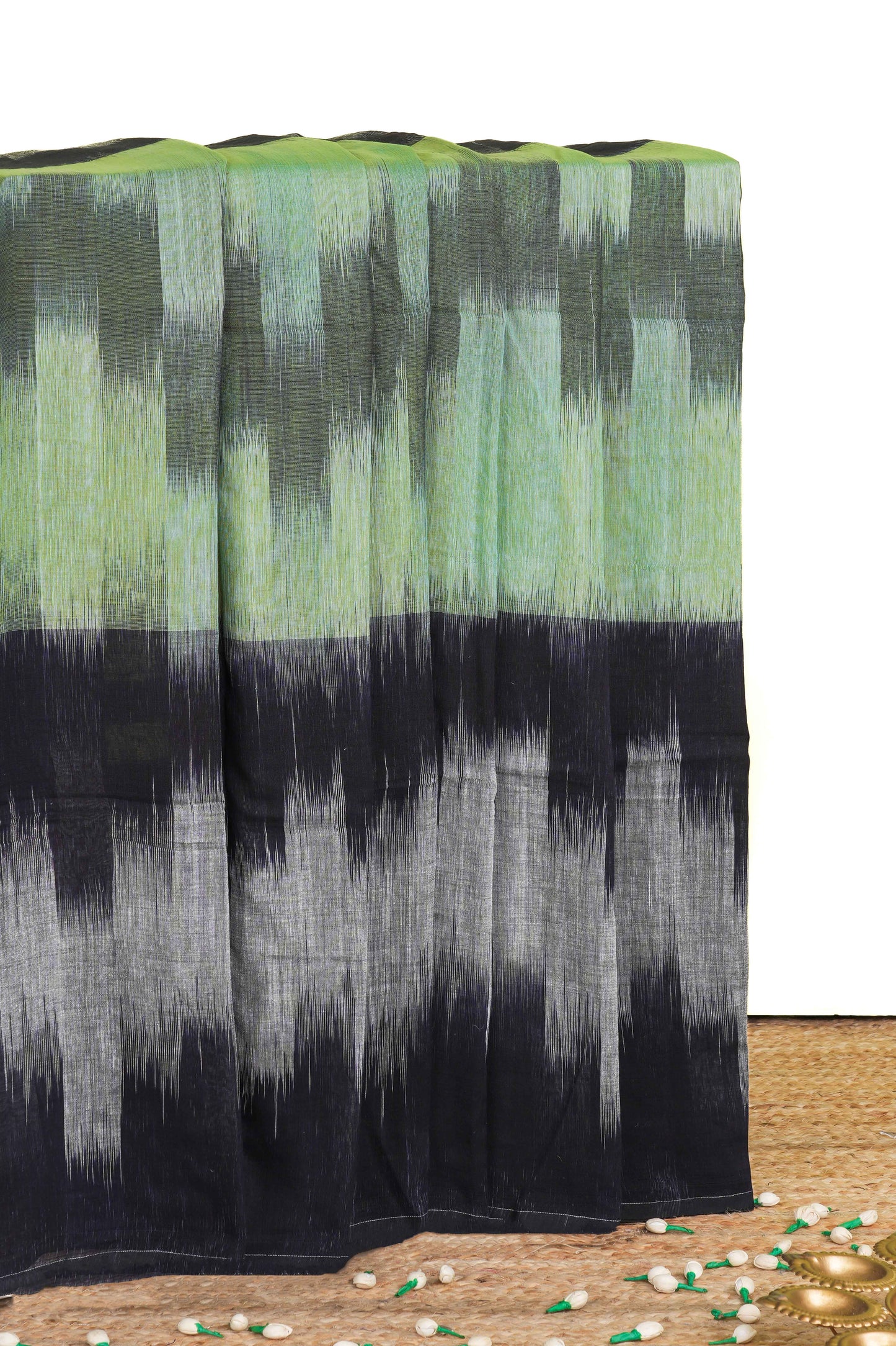 Black And Green Khadi Cotton Saree All Over Ikkat Design