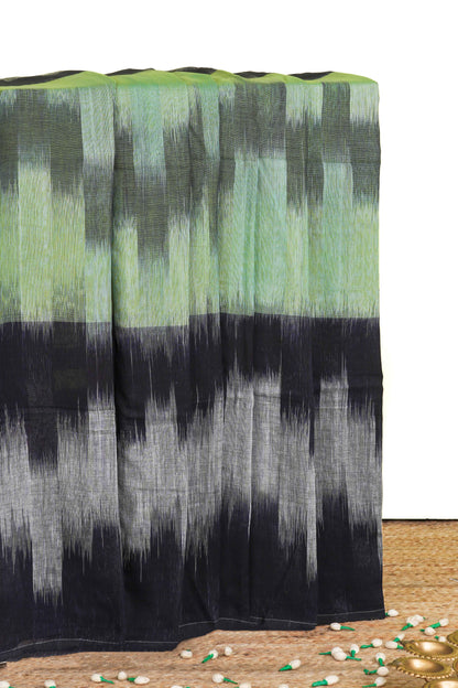 Black And Green Khadi Cotton Saree All Over Ikkat Design