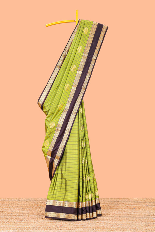 Semi Soft Silk Saree With Gold Zari Peacock Motifs And Bentex Border With Rich Pallu