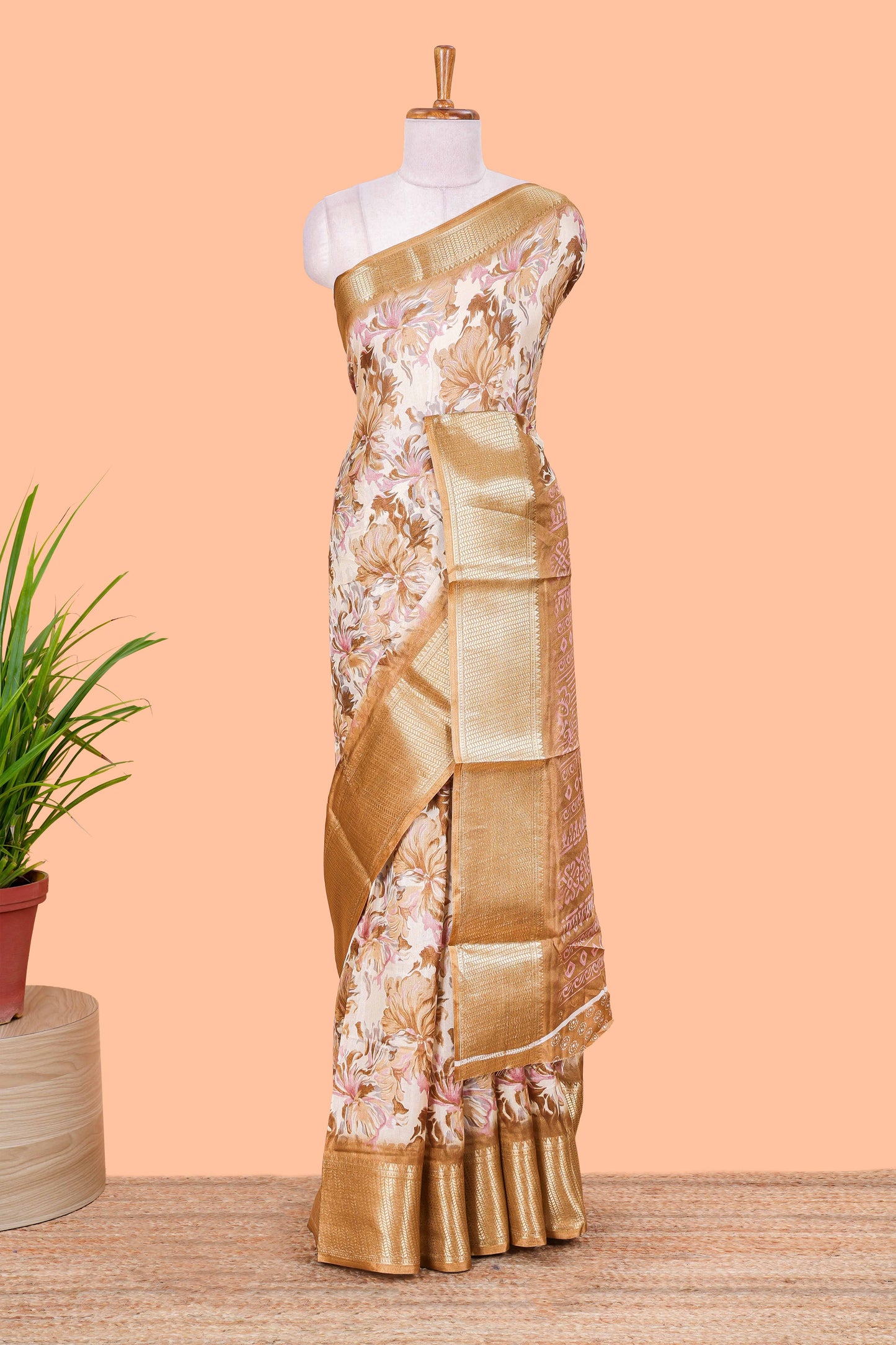 Brown Semi Banaras Dola Silk Floral Printed With Jacquard Border