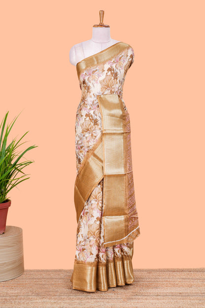Brown Semi Banaras Dola Silk Floral Printed With Jacquard Border