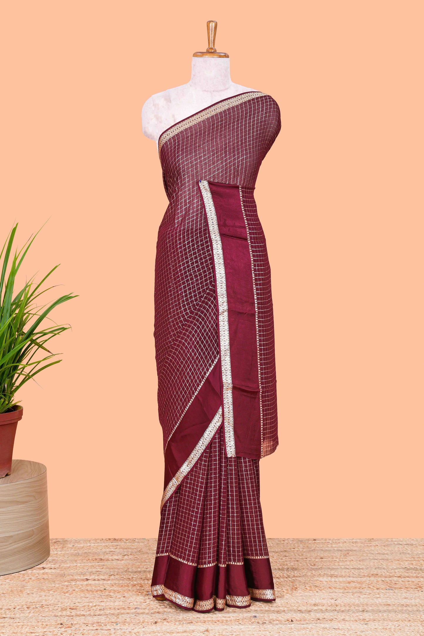 Brown Georgette Saree All Over Zari Check With Satin Border