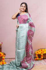 pastel green south cotton Saree All- Over Spiral Digital Print Along With Blouse